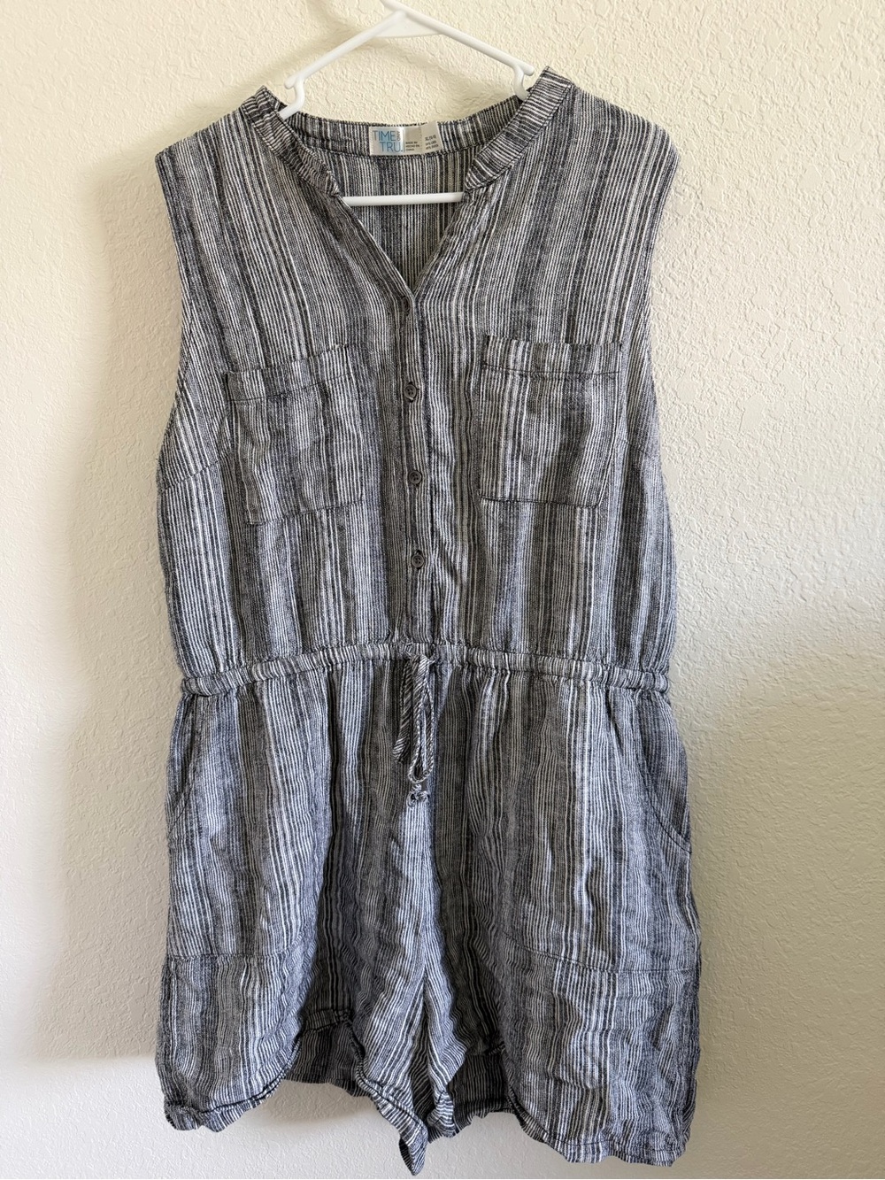 Time and Tru Striped Sleeveless Drawstring Romper - Black & White